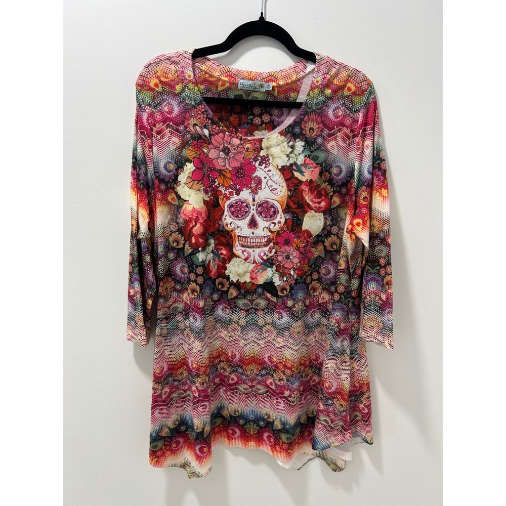 Unity World Wear Sugar Skull Floral Tunic Top Multi-Color 3/4 Sleeve 2X Boho